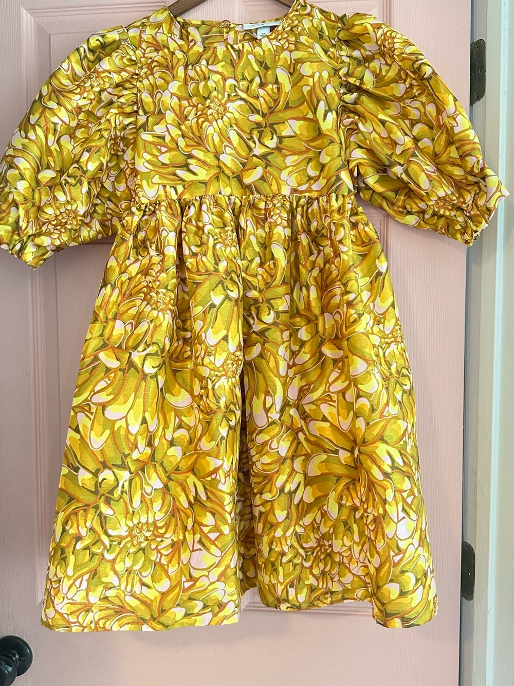 Kika Vargas Yellow Floral Puff-Sleeve Dress